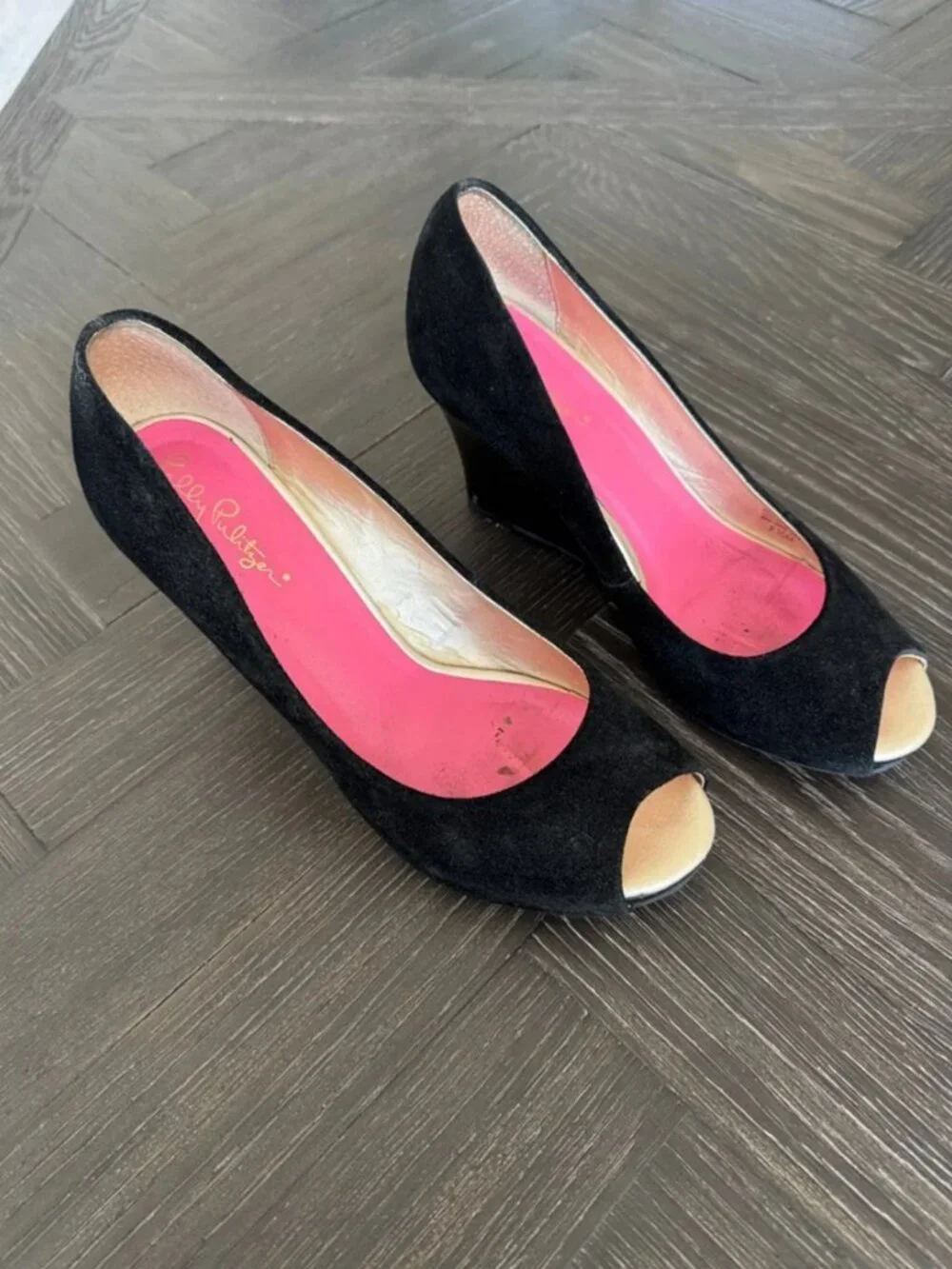 Lilly Pulitzer Black Suede Platform Wedges 7.5 Peep Toe Heel Shoes